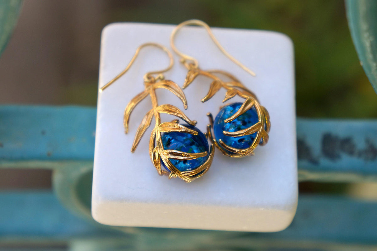 Nature-Inspired Earrings, Araucaria Leaf with Murano Glass Gold-Plated Recycled Brass-4