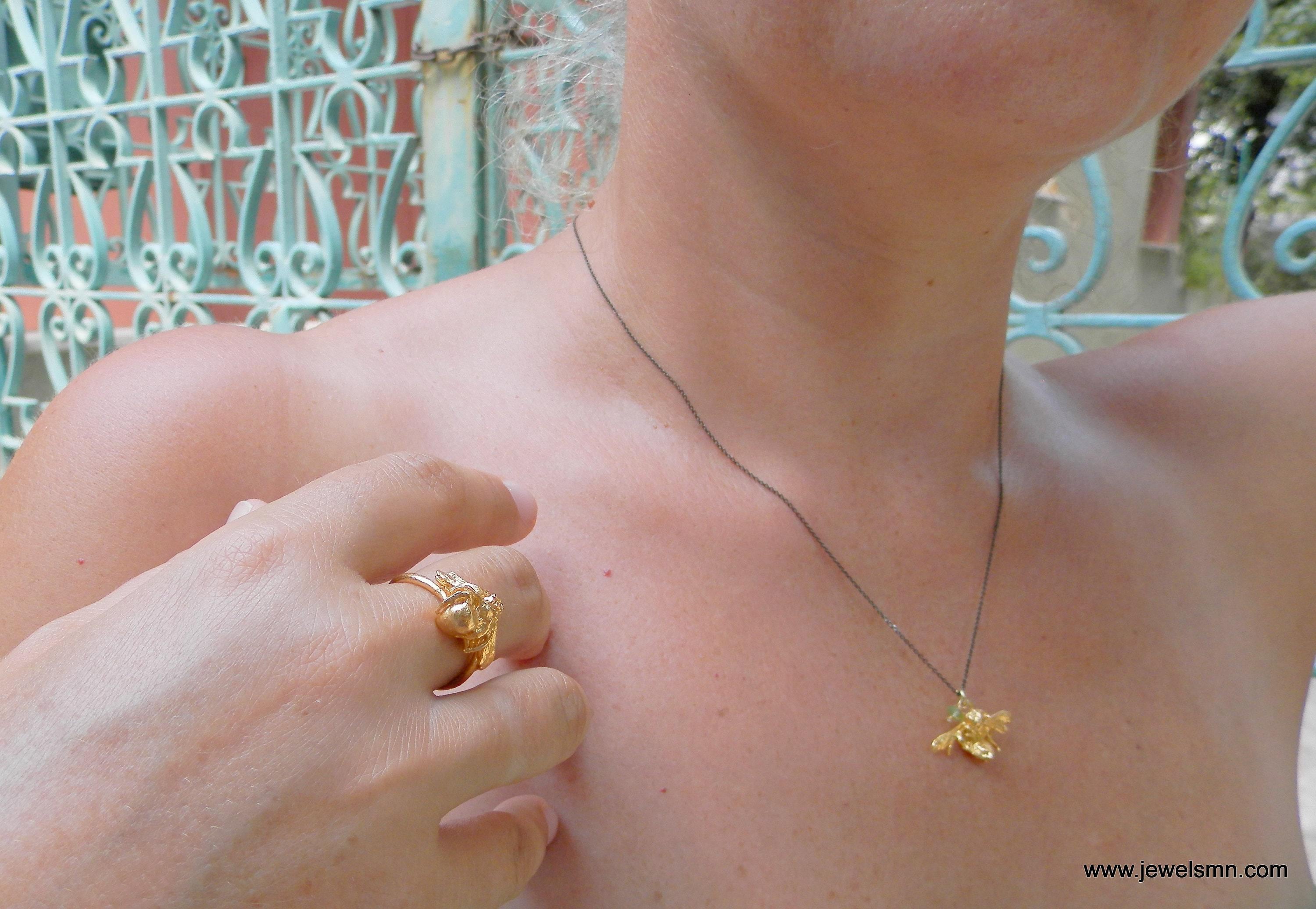 Nature inspired 14k gold plated bee pendant necklace crafted from recycled brass on a delicate chain — view 4