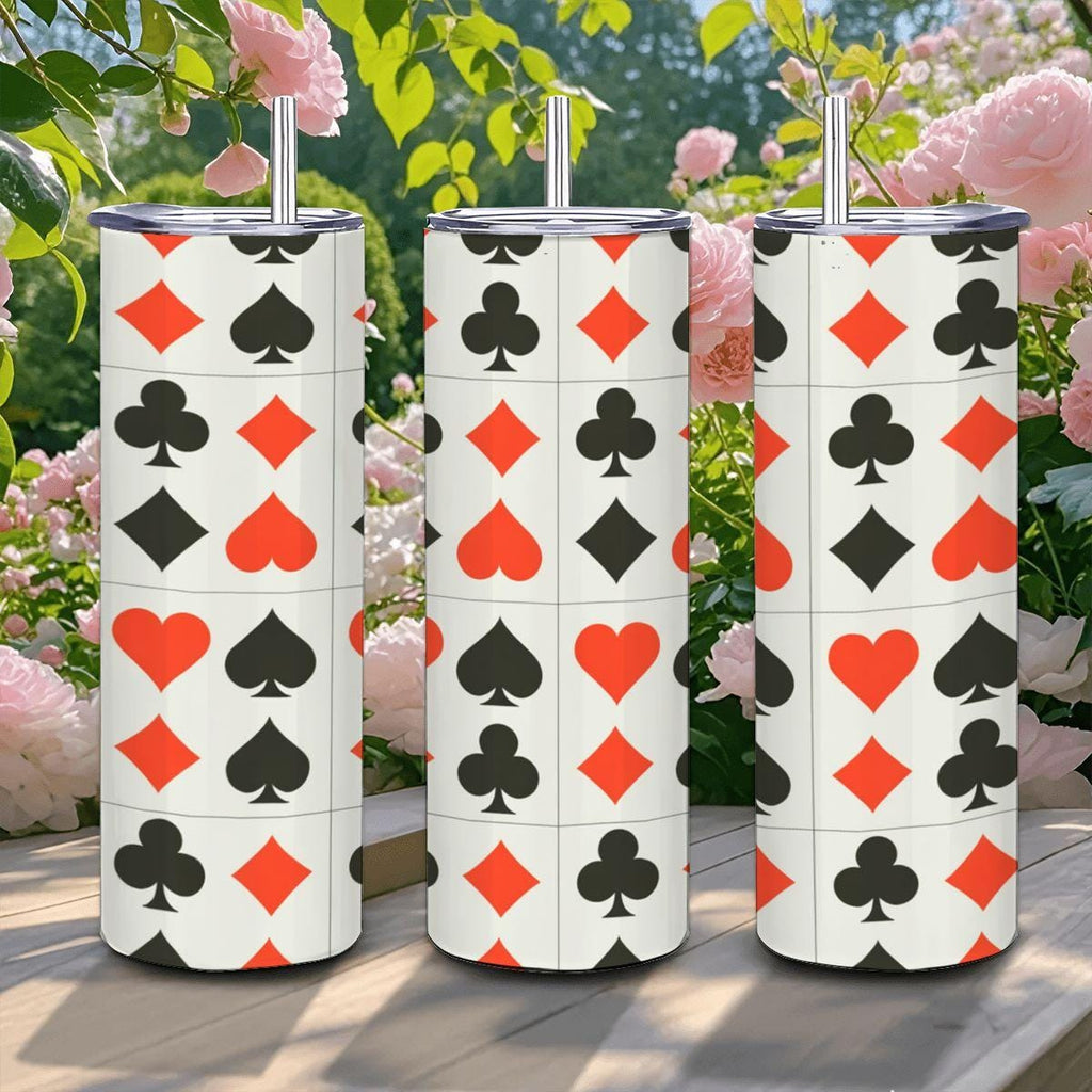 20oz stainless steel insulated travel tumbler with a playing card suits pattern and reusable straw
