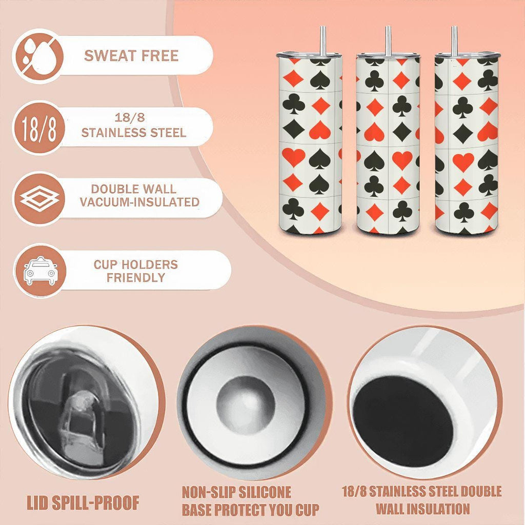 20oz stainless steel insulated travel tumbler with a playing card suits pattern and reusable straw — view 5