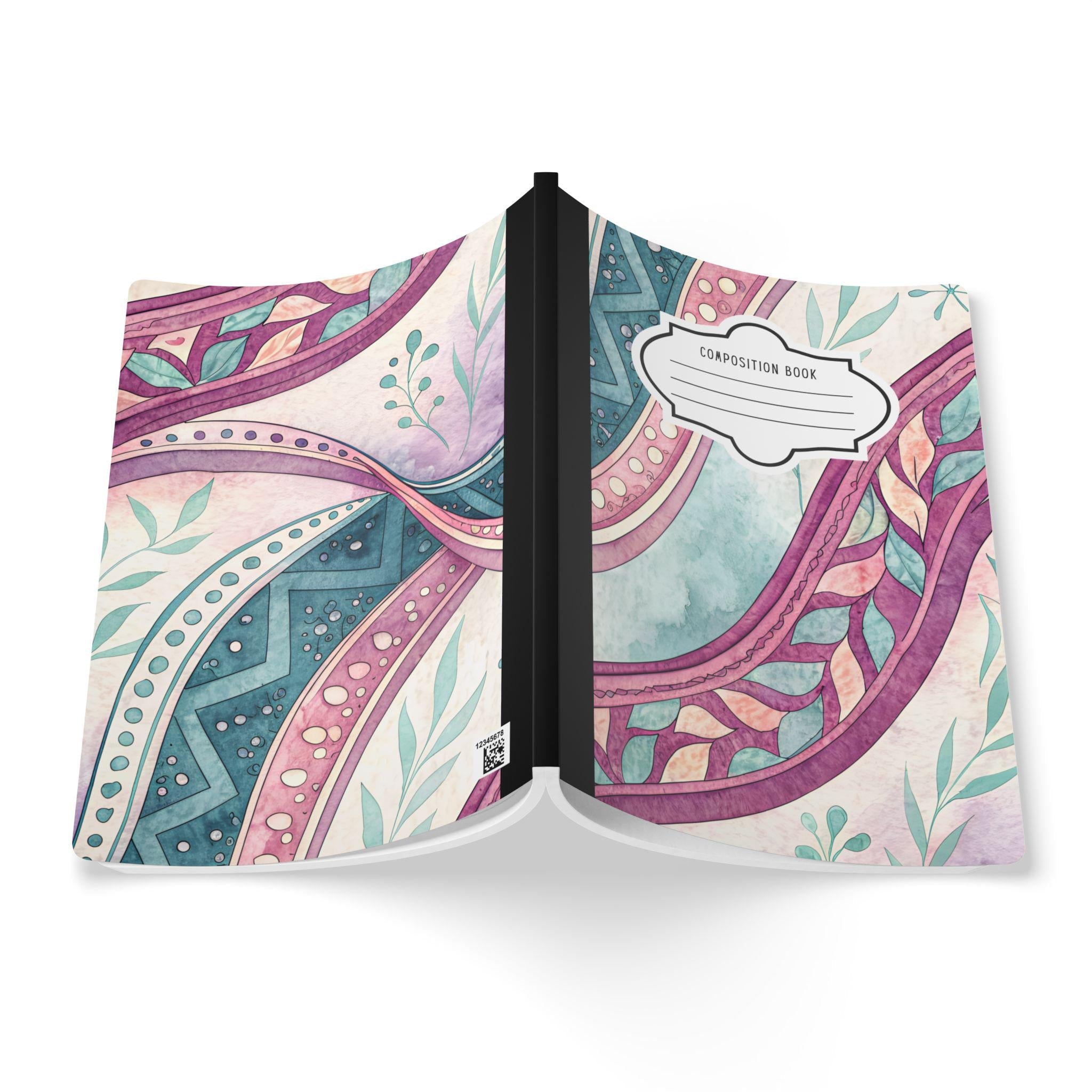 Boho wave composition notebook with vibrant floral soft-touch cover and college ruled pages — view 2