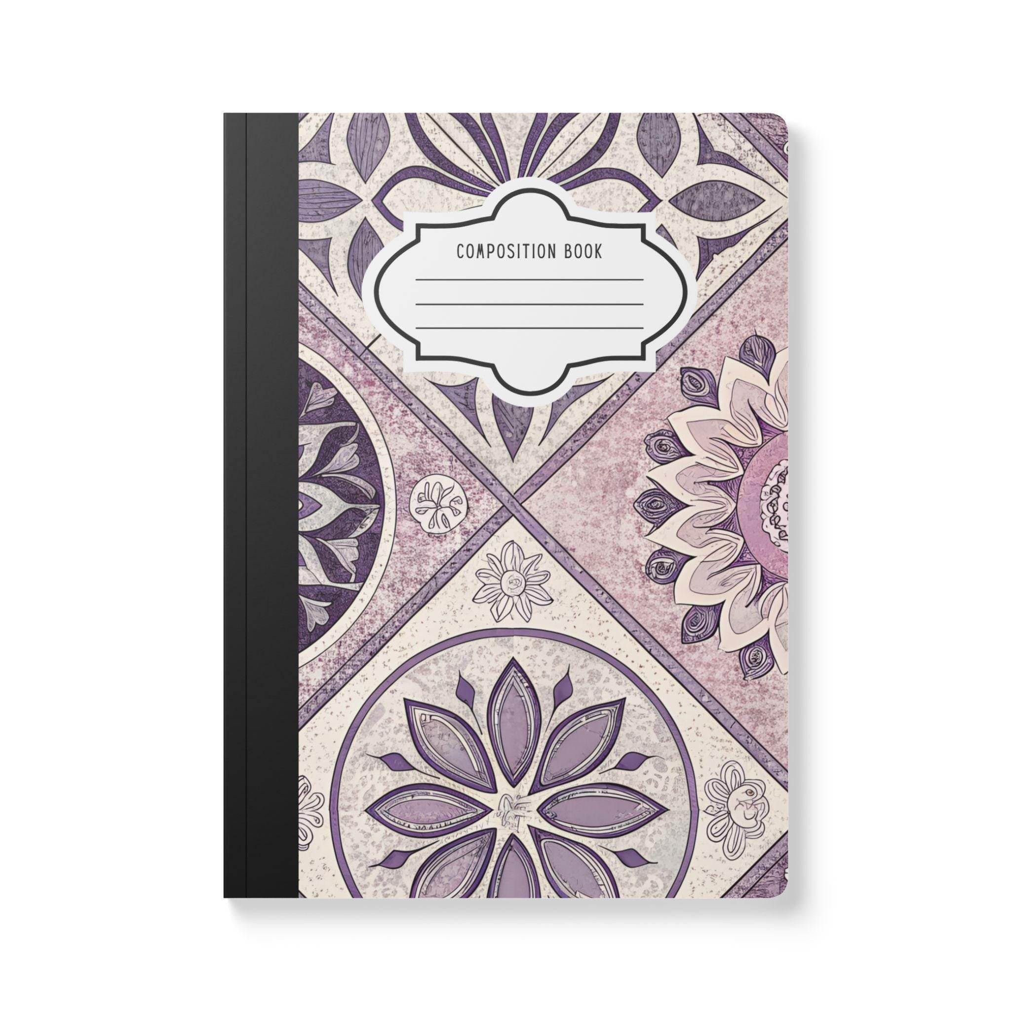 Mandala bloom composition notebook with vibrant floral cover design and college ruled pages