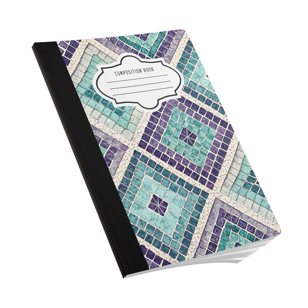 ColorFlow mosaic composition notebook with a vibrant teal geometric cover pattern and college-ruled pages — view 3