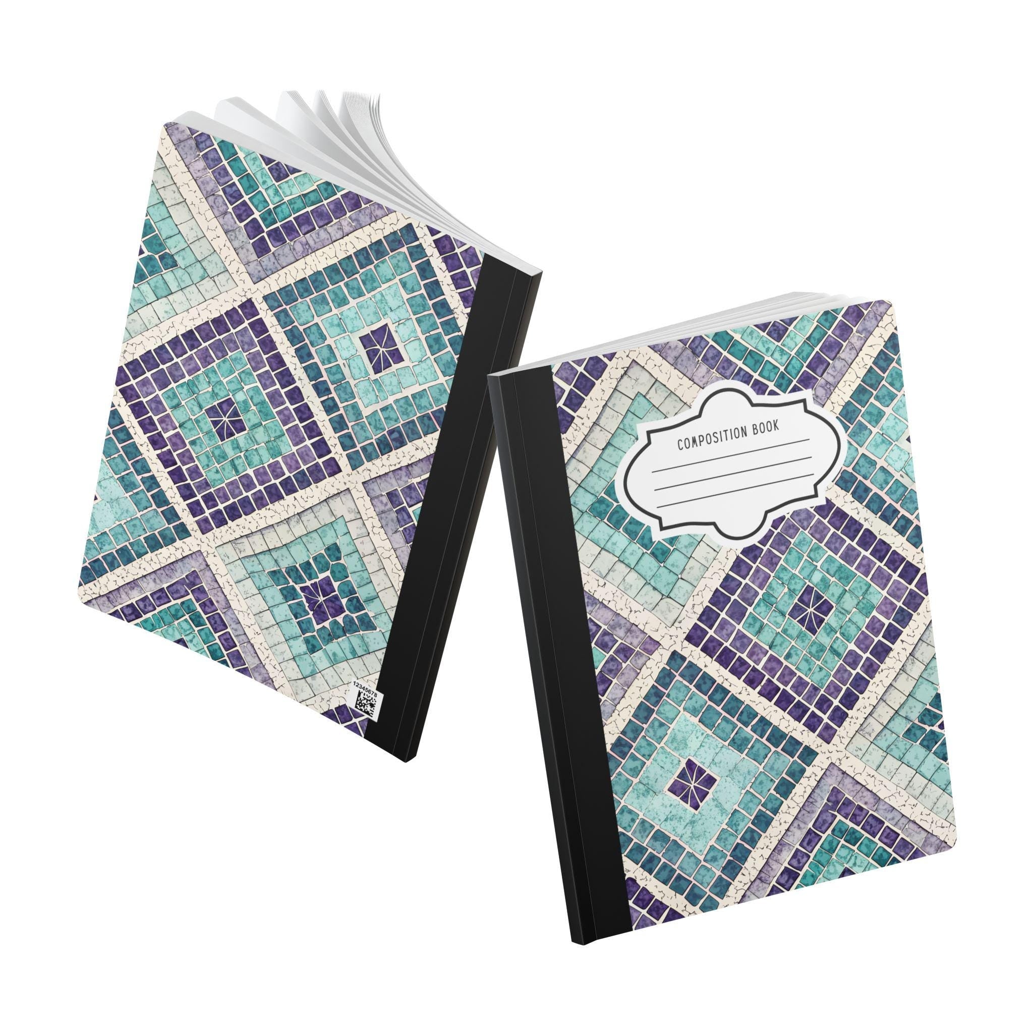 ColorFlow mosaic composition notebook with a vibrant teal geometric cover pattern and college-ruled pages — view 5