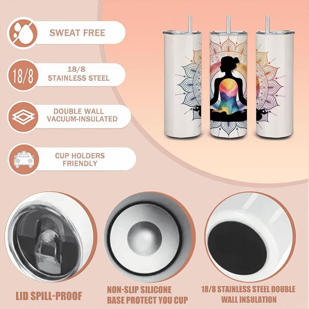20oz stainless steel tumbler with colorful chakra mandala design and reusable metal straw — view 5