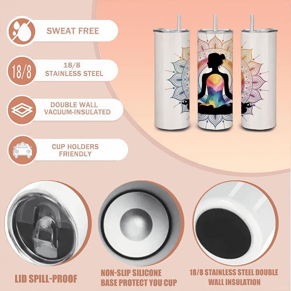 20oz stainless steel tumbler with colorful chakra mandala design and reusable metal straw — view 5