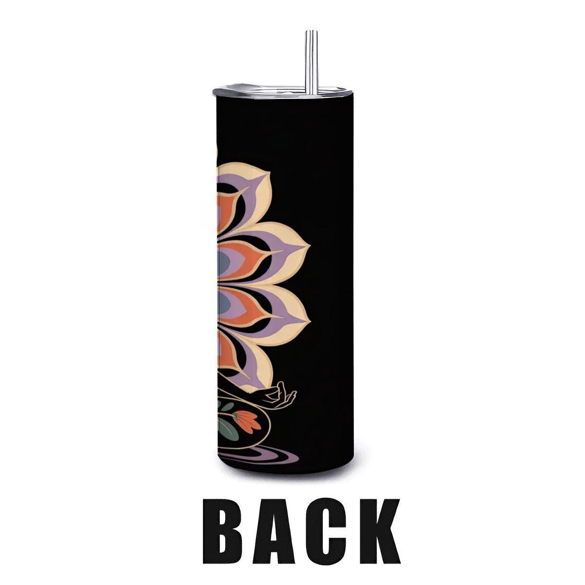 Floral lotus yoga tumbler, 20oz insulated stainless steel cup with reusable straw and push-pull lid — view 3
