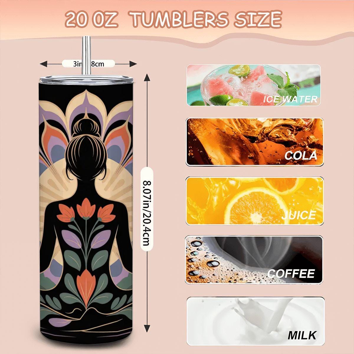 Floral lotus yoga tumbler, 20oz insulated stainless steel cup with reusable straw and push-pull lid — view 4