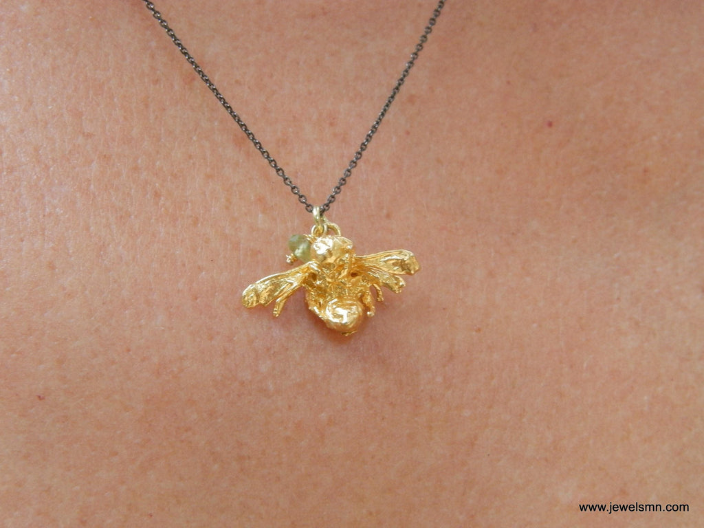 Nature inspired 14k gold plated bee pendant necklace crafted from recycled brass on a delicate chain