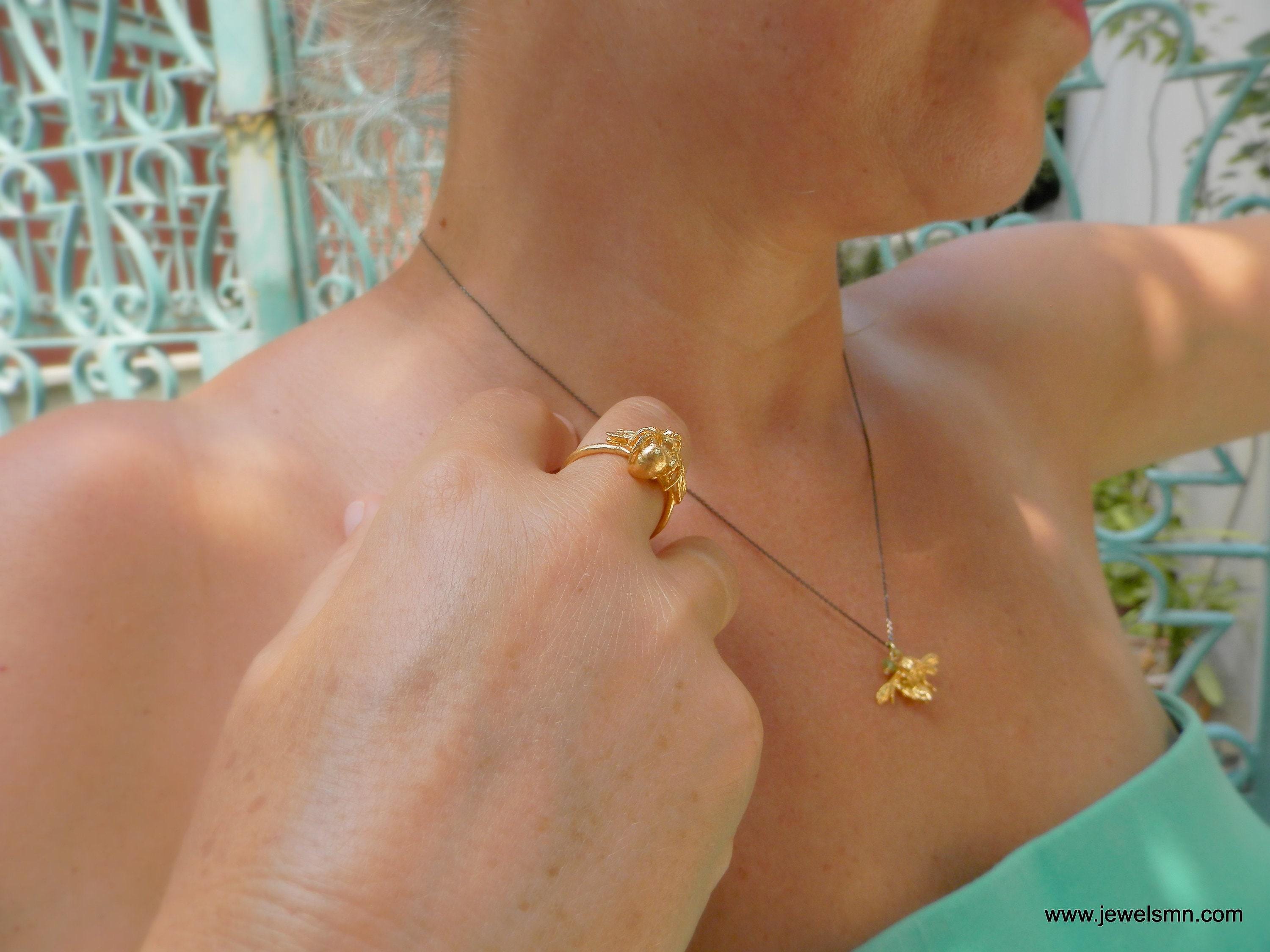 Nature inspired 14k gold plated bee pendant necklace crafted from recycled brass on a delicate chain — view 2