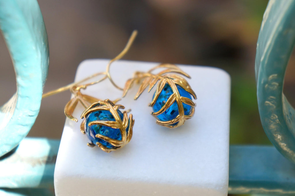 Nature-Inspired Earrings, Araucaria Leaf with Murano Glass Gold-Plated Recycled Brass-2
