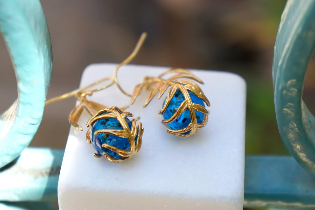 Nature-Inspired Earrings, Araucaria Leaf with Murano Glass Gold-Plated Recycled Brass-2