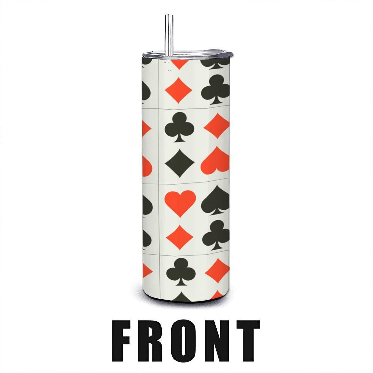 20oz stainless steel insulated travel tumbler with a playing card suits pattern and reusable straw — view 2