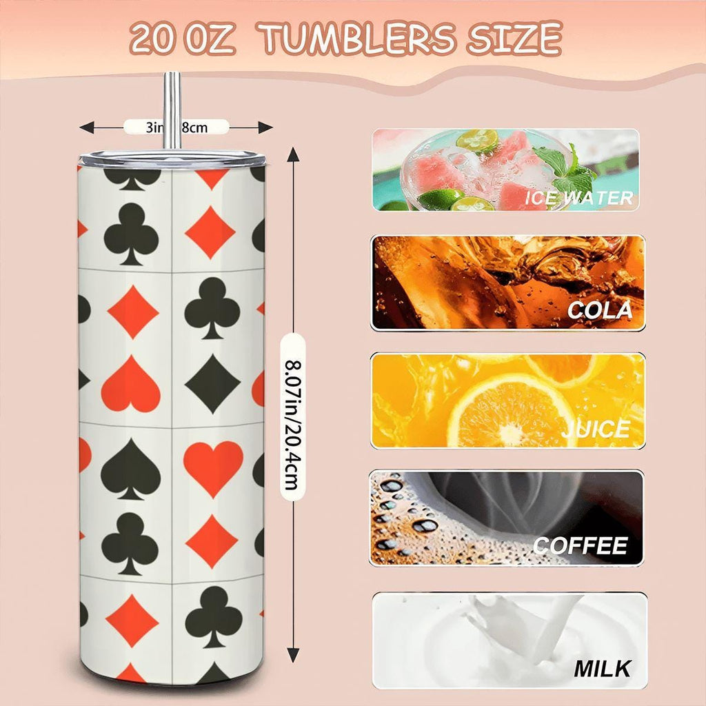 20oz stainless steel insulated travel tumbler with a playing card suits pattern and reusable straw — view 4