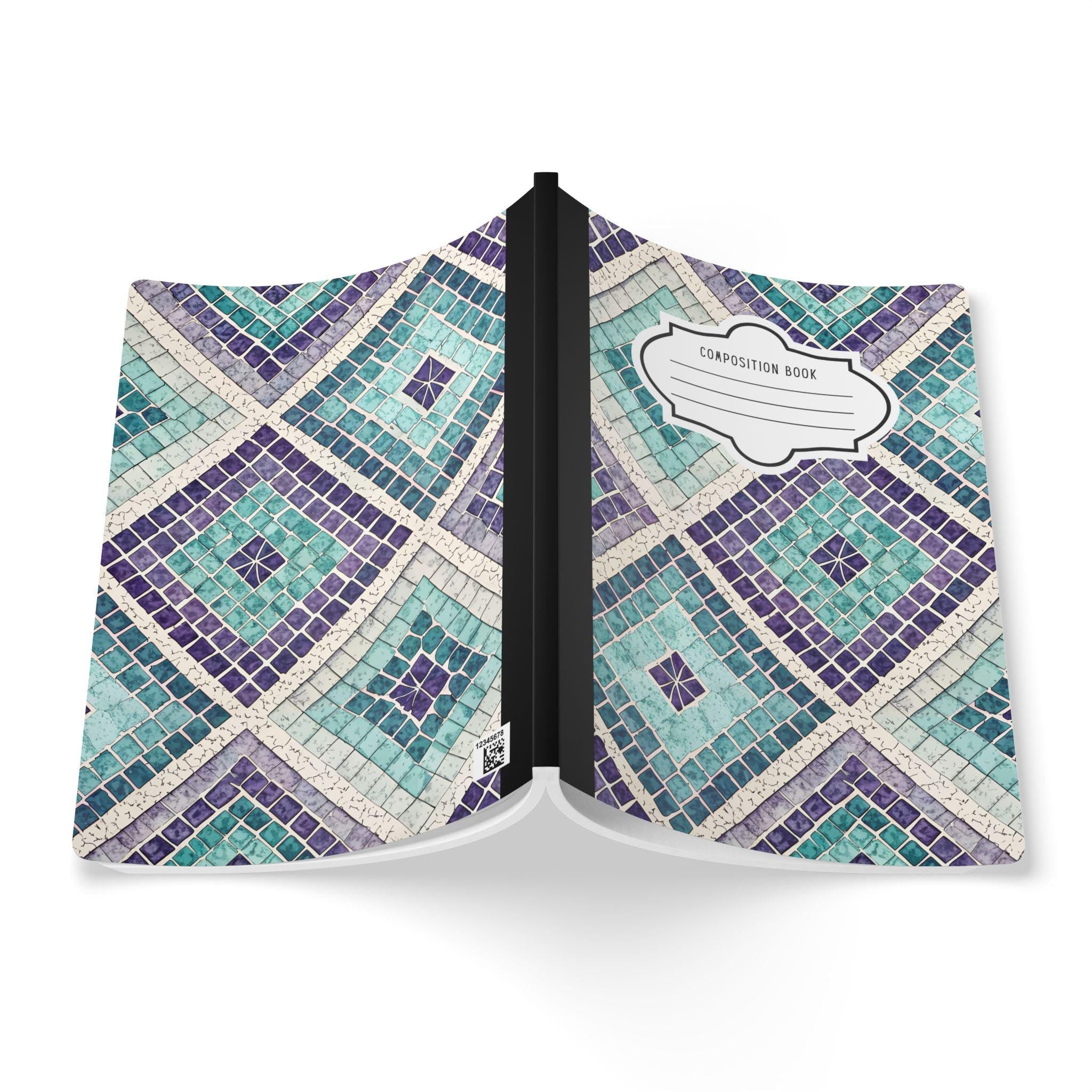 ColorFlow mosaic composition notebook with a vibrant teal geometric cover pattern and college-ruled pages — view 2