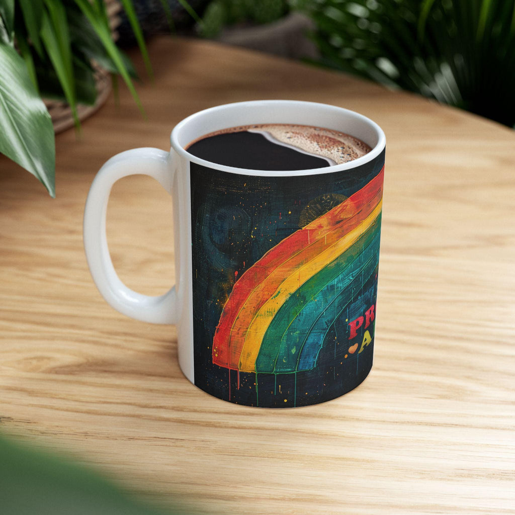 ColorFlow Proud Ally 15oz ceramic coffee mug featuring hand-painted rainbow arch design on glossy surface
