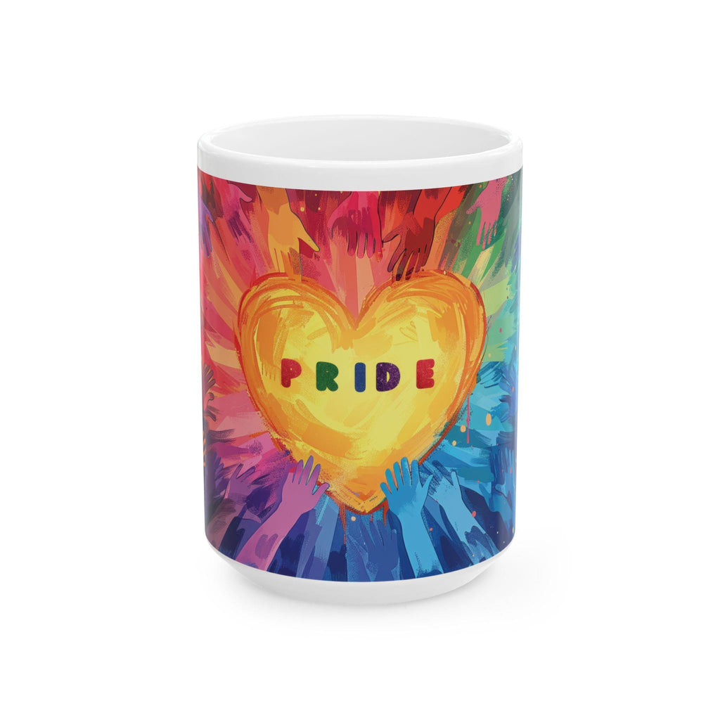 Pride Heart Unity ceramic coffee mug featuring colorful hands reaching for a golden glowing heart — view 3