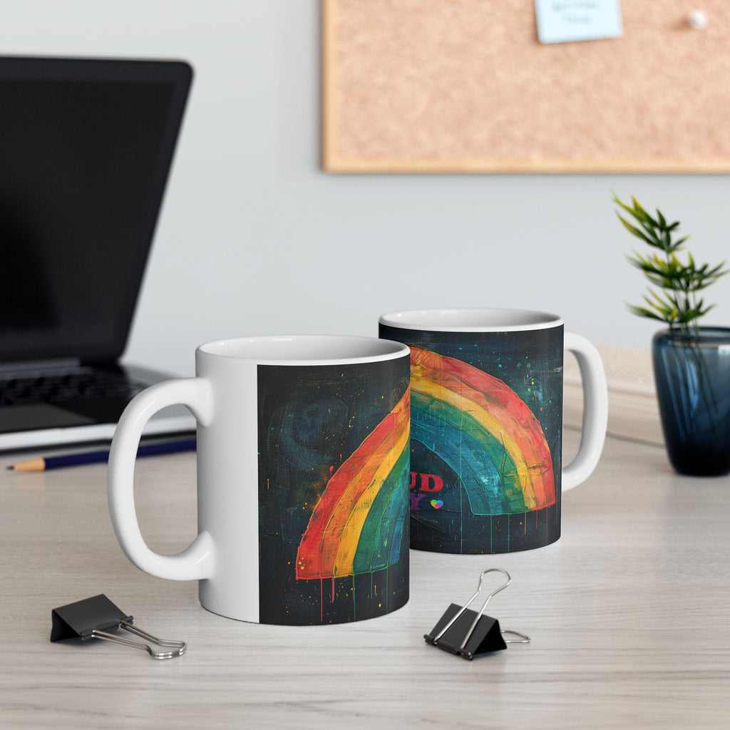 ColorFlow Proud Ally 15oz ceramic coffee mug featuring hand-painted rainbow arch design on glossy surface — view 2