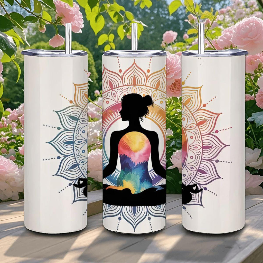 20oz stainless steel tumbler with colorful chakra mandala design and reusable metal straw