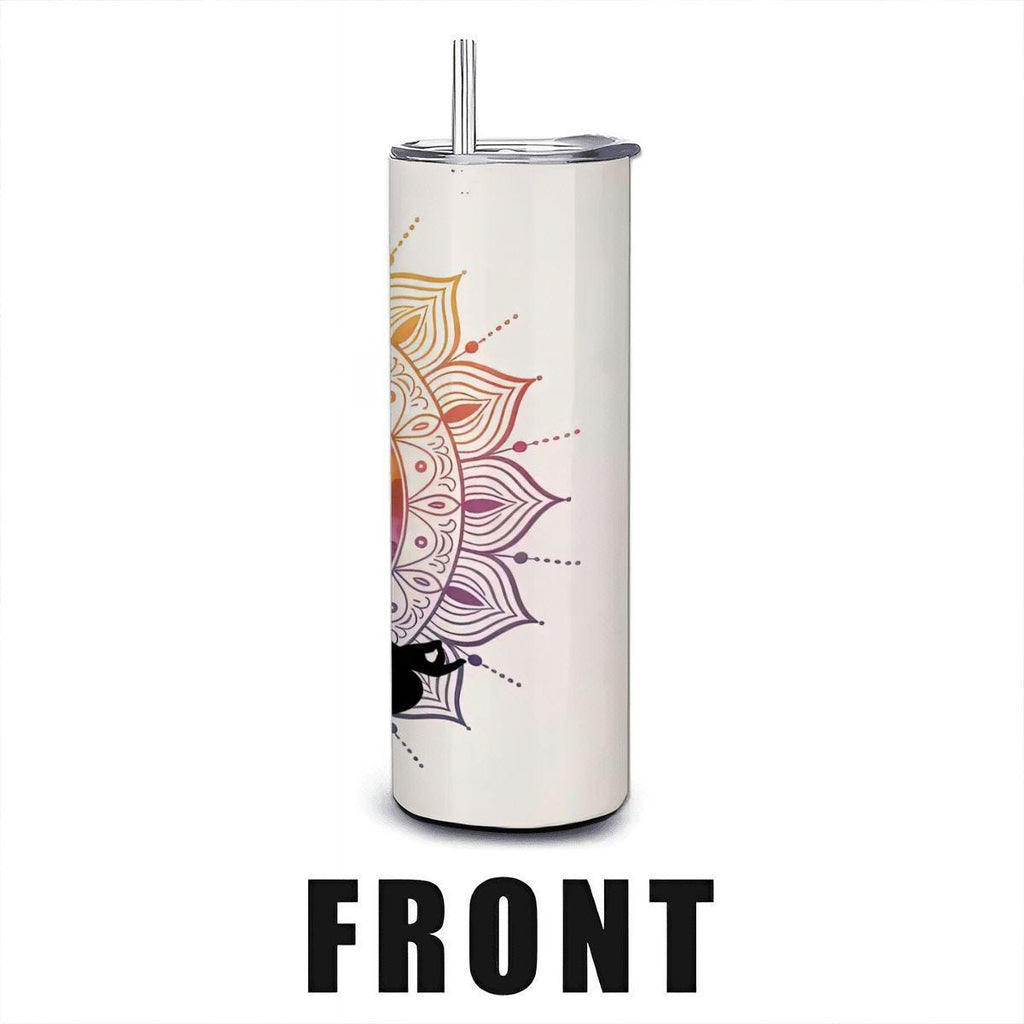 20oz stainless steel tumbler with colorful chakra mandala design and reusable metal straw — view 2