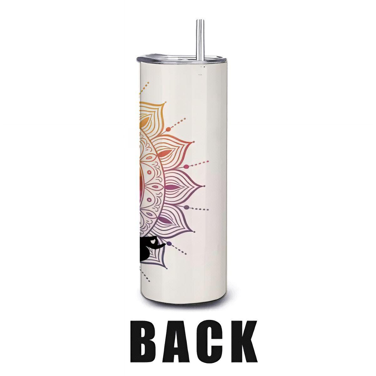 20oz stainless steel tumbler with colorful chakra mandala design and reusable metal straw — view 3