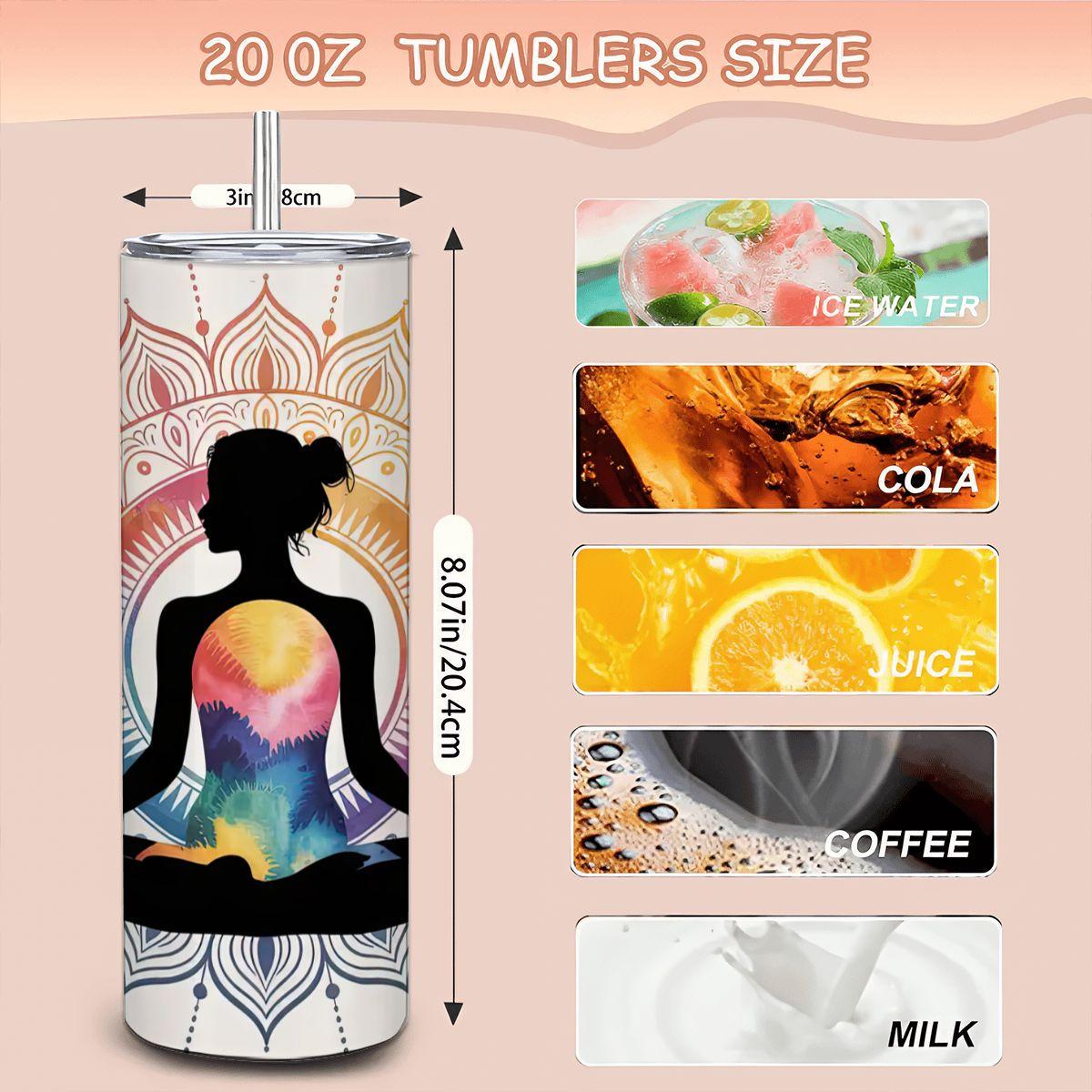 20oz stainless steel tumbler with colorful chakra mandala design and reusable metal straw — view 4