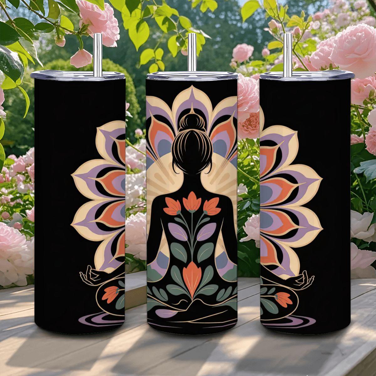 Floral lotus yoga tumbler, 20oz insulated stainless steel cup with reusable straw and push-pull lid