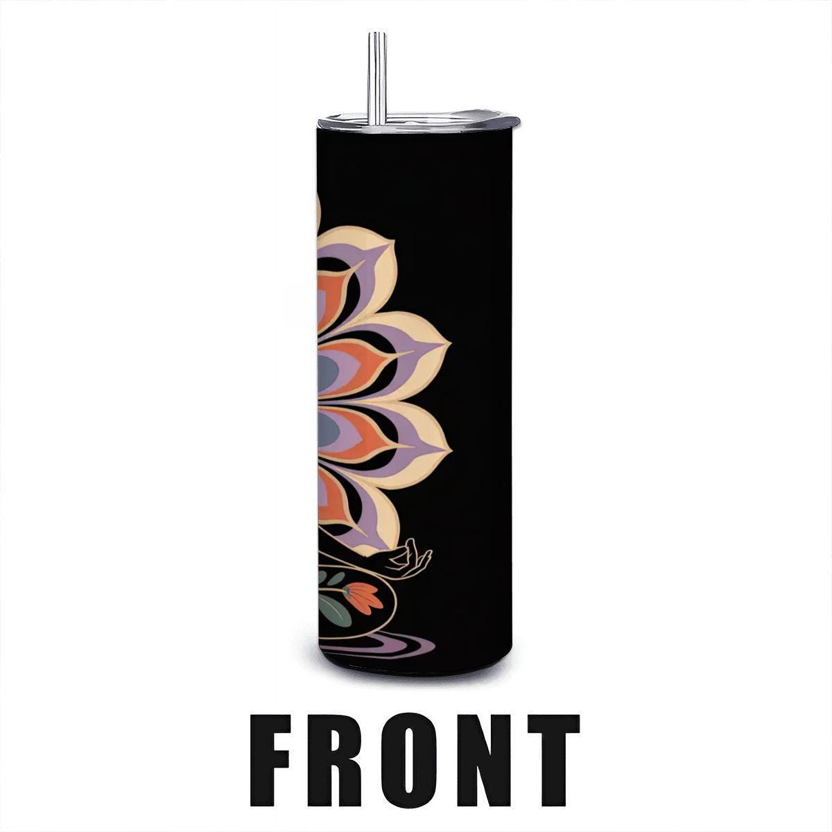 Floral lotus yoga tumbler, 20oz insulated stainless steel cup with reusable straw and push-pull lid — view 2