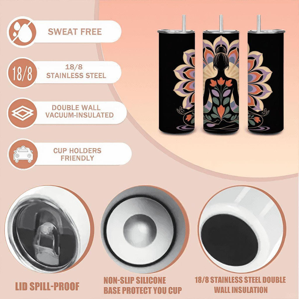 Floral lotus yoga tumbler, 20oz insulated stainless steel cup with reusable straw and push-pull lid — view 5