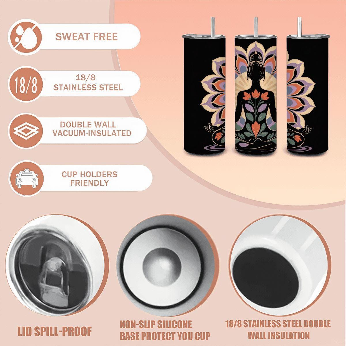 Floral lotus yoga tumbler, 20oz insulated stainless steel cup with reusable straw and push-pull lid — view 5