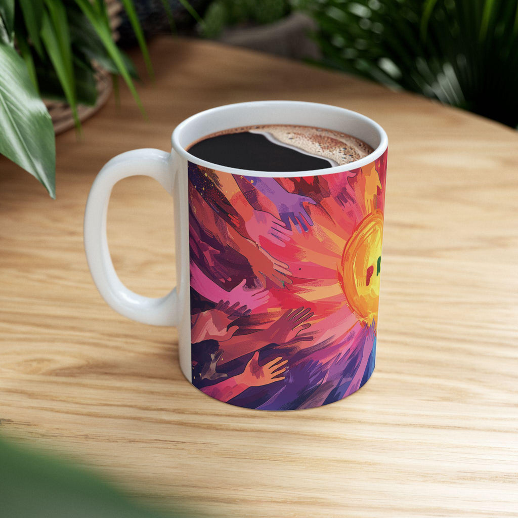 Pride Heart Unity ceramic coffee mug featuring colorful hands reaching for a golden glowing heart