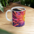 Pride Heart Unity ceramic coffee mug featuring colorful hands reaching for a golden glowing heart
