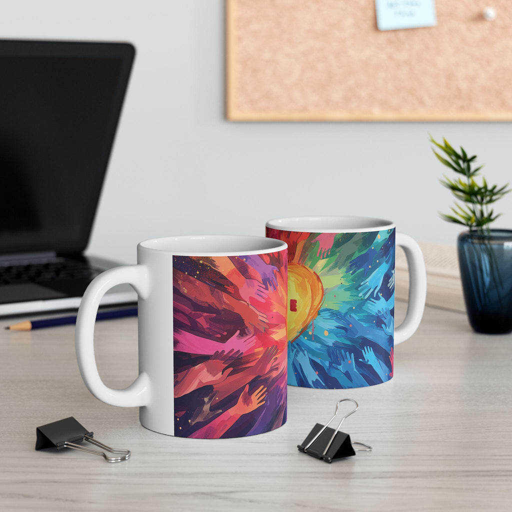 Pride Heart Unity ceramic coffee mug featuring colorful hands reaching for a golden glowing heart — view 2