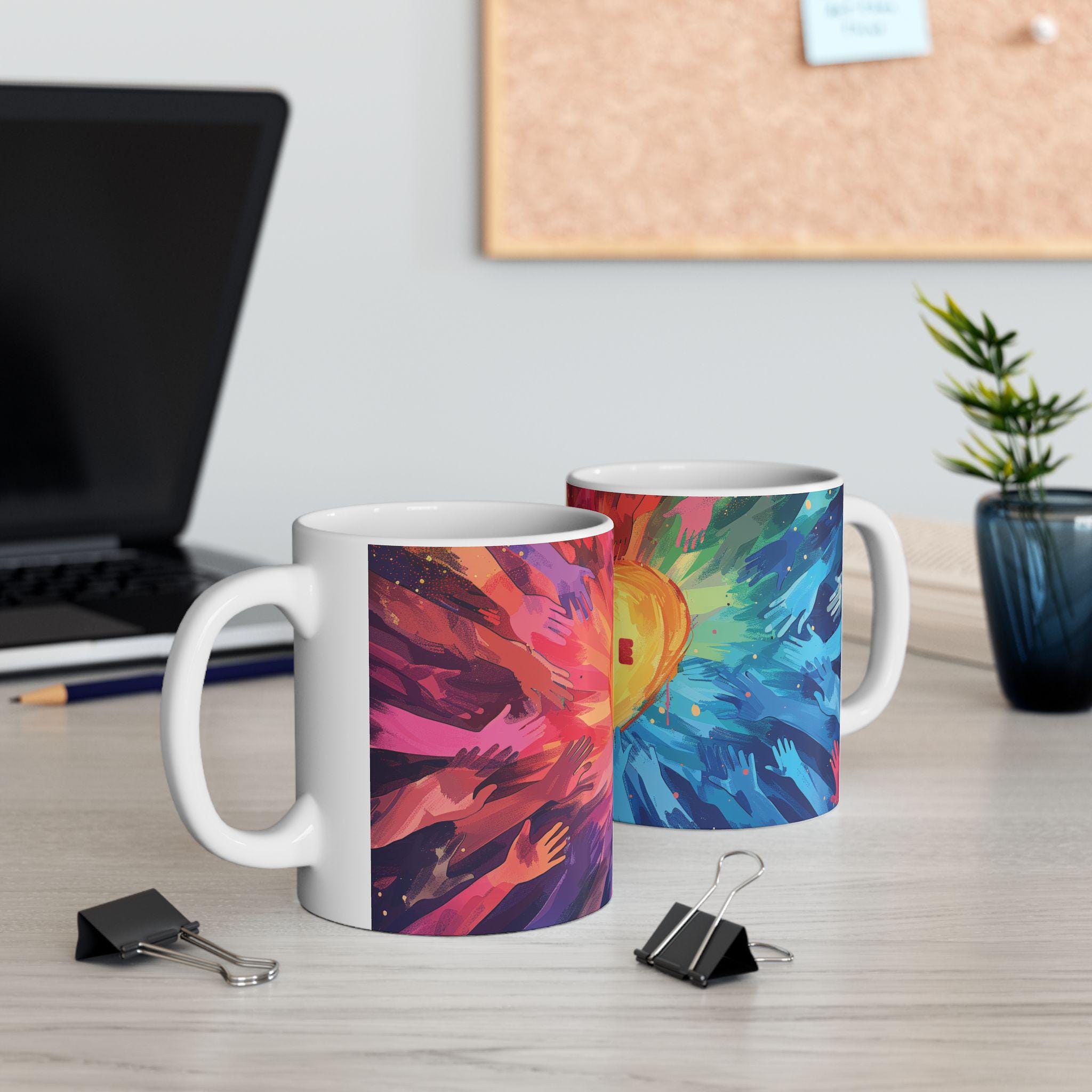 Pride Heart Unity ceramic coffee mug featuring colorful hands reaching for a golden glowing heart — view 2