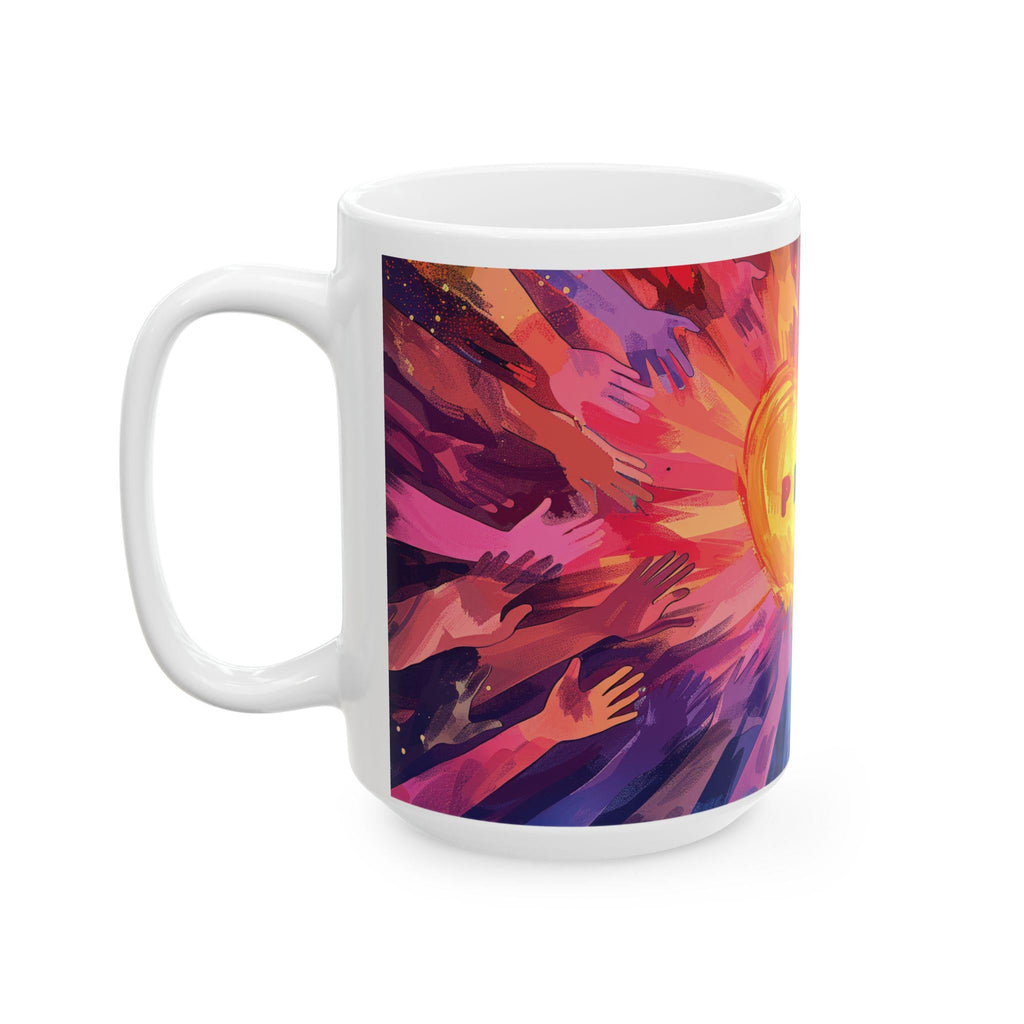 Pride Heart Unity ceramic coffee mug featuring colorful hands reaching for a golden glowing heart — view 4