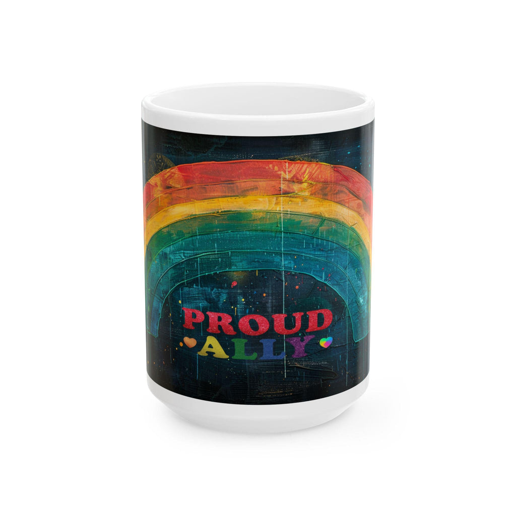 ColorFlow Proud Ally 15oz ceramic coffee mug featuring hand-painted rainbow arch design on glossy surface — view 3