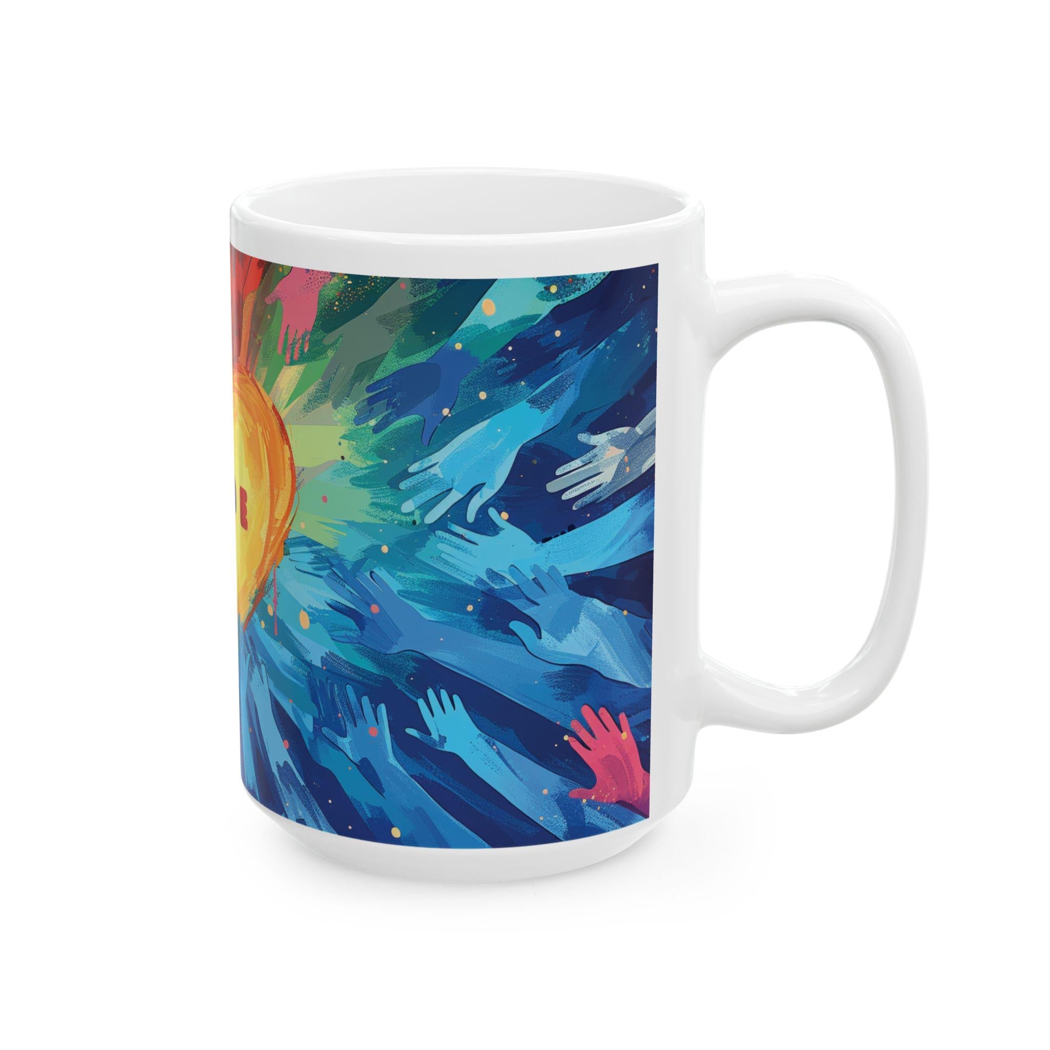 Pride Heart Unity ceramic coffee mug featuring colorful hands reaching for a golden glowing heart — view 5