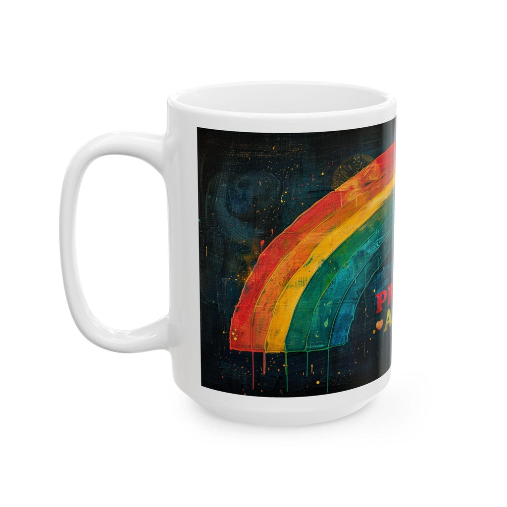 ColorFlow Proud Ally 15oz ceramic coffee mug featuring hand-painted rainbow arch design on glossy surface — view 4