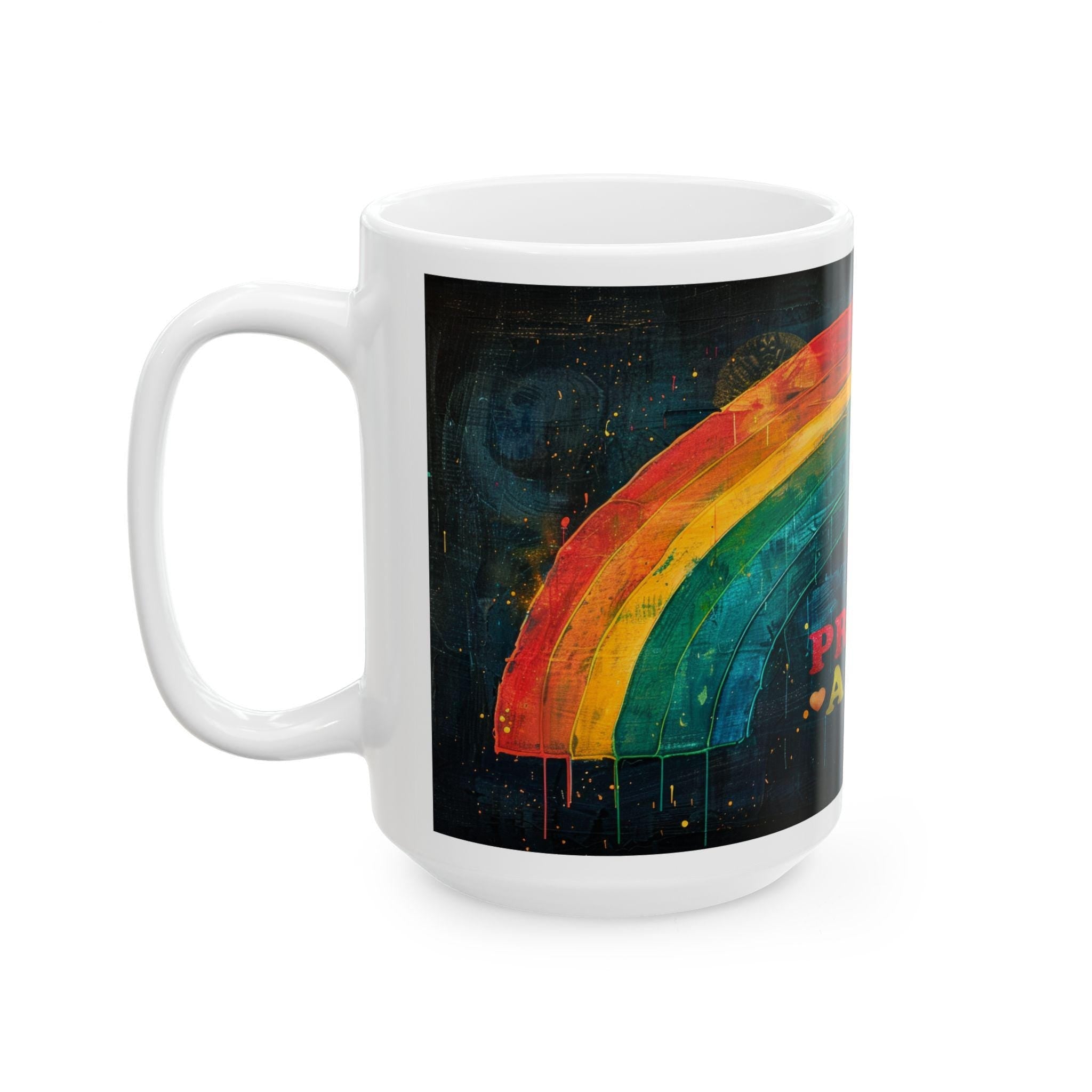ColorFlow Proud Ally 15oz ceramic coffee mug featuring hand-painted rainbow arch design on glossy surface — view 4