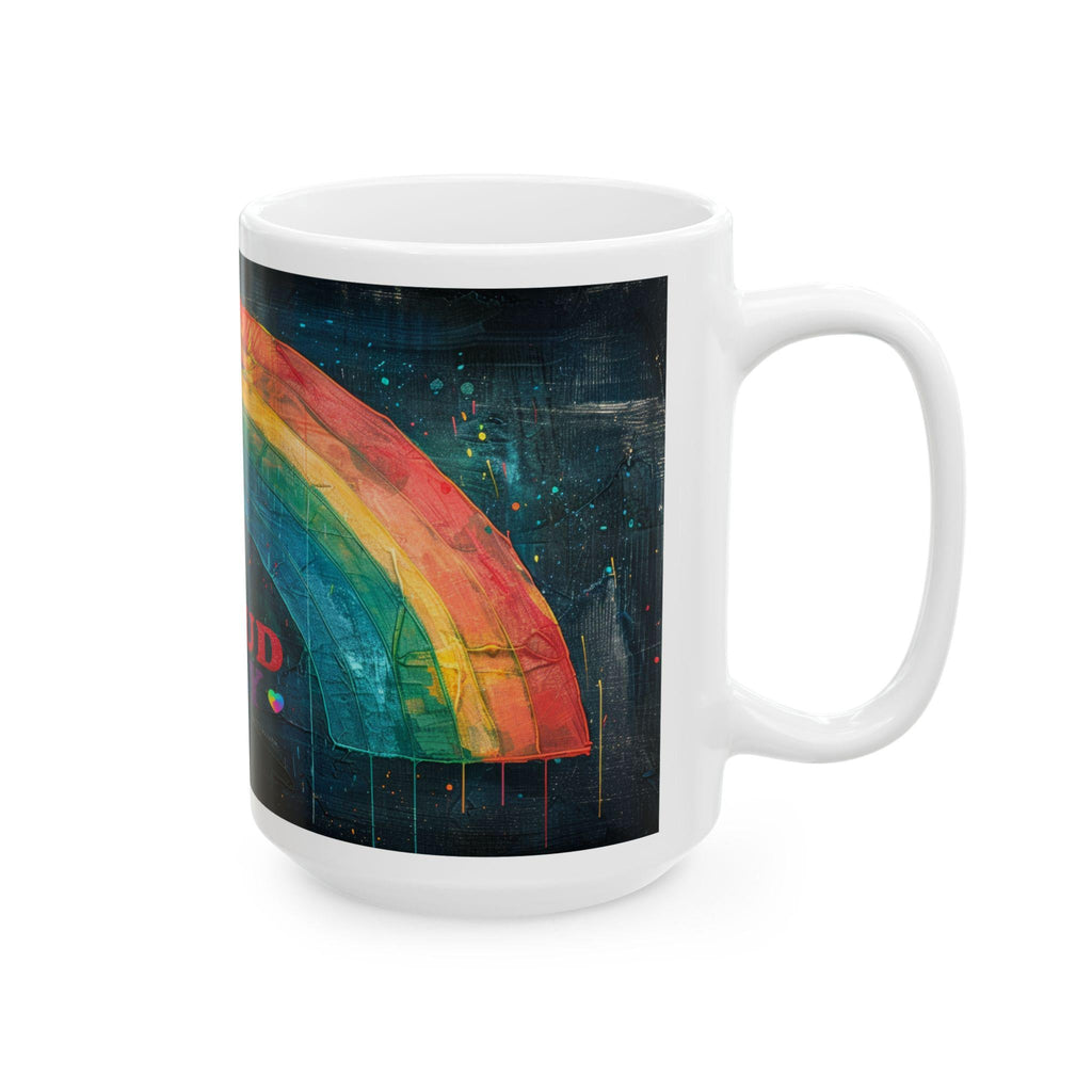 ColorFlow Proud Ally 15oz ceramic coffee mug featuring hand-painted rainbow arch design on glossy surface — view 5