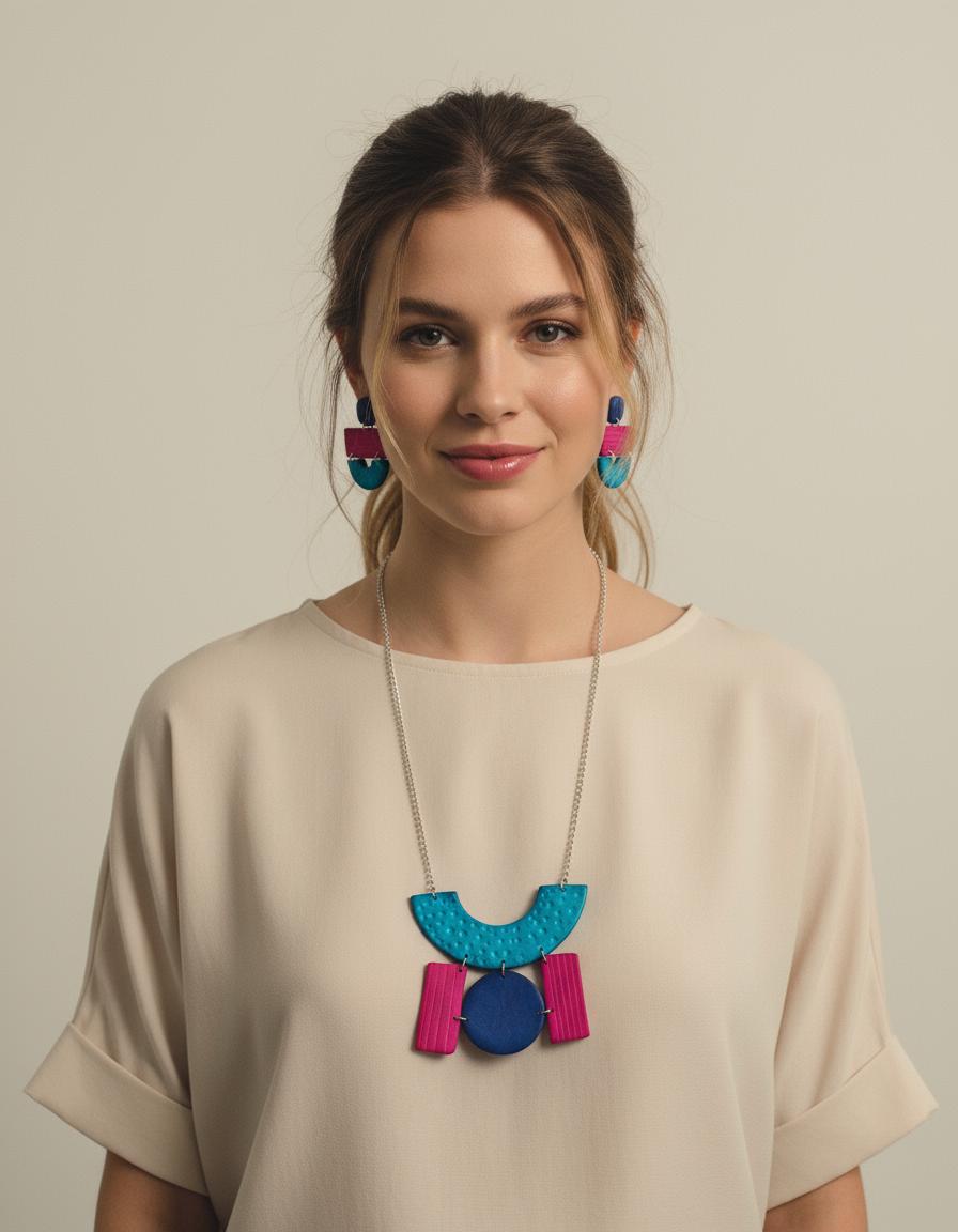 Hot Pink & Blue Geometric Jewelry Set-3