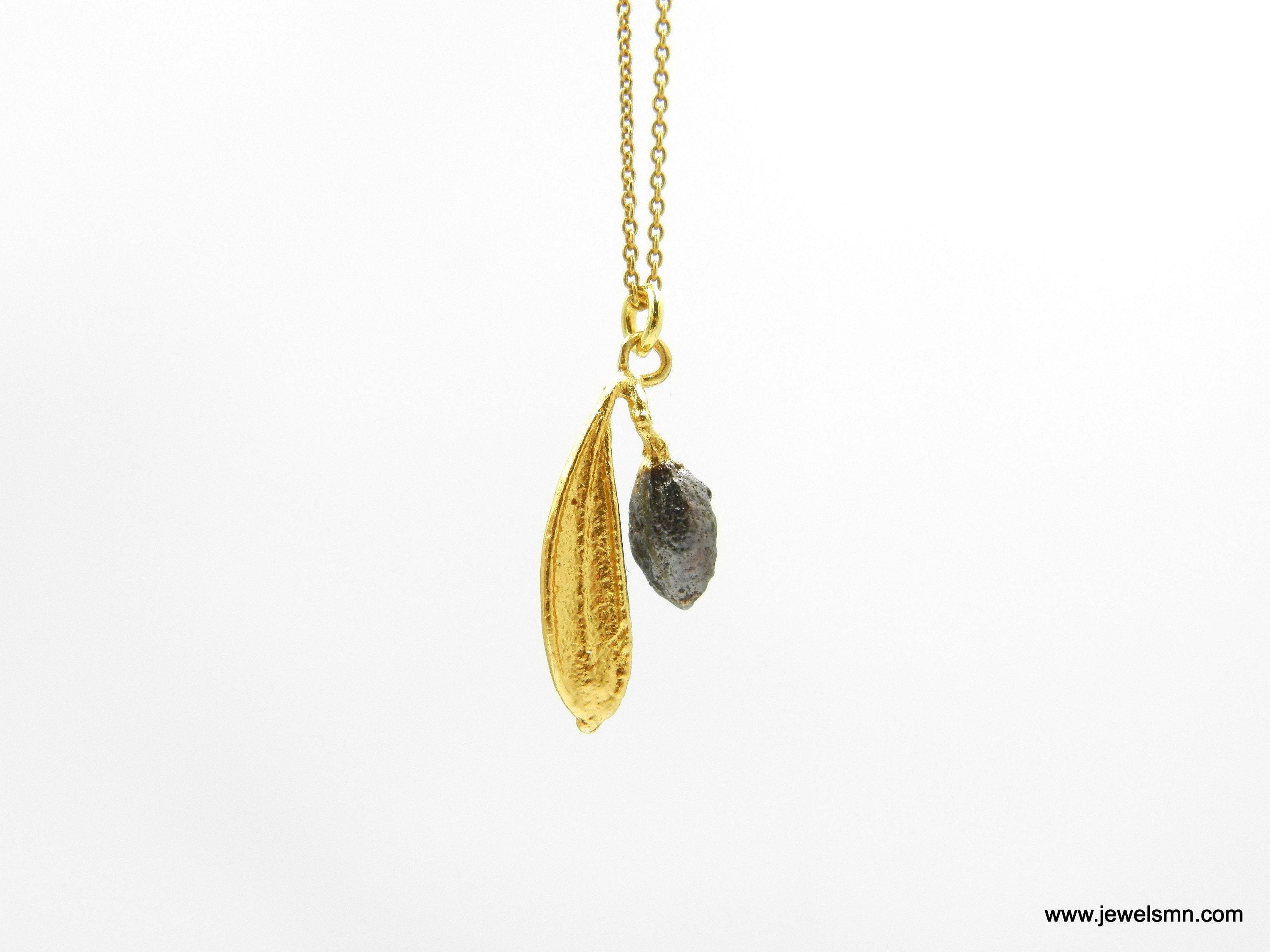 14K gold plated delicate olive leaf and fruit pendant necklace on an adjustable silver chain — view 4