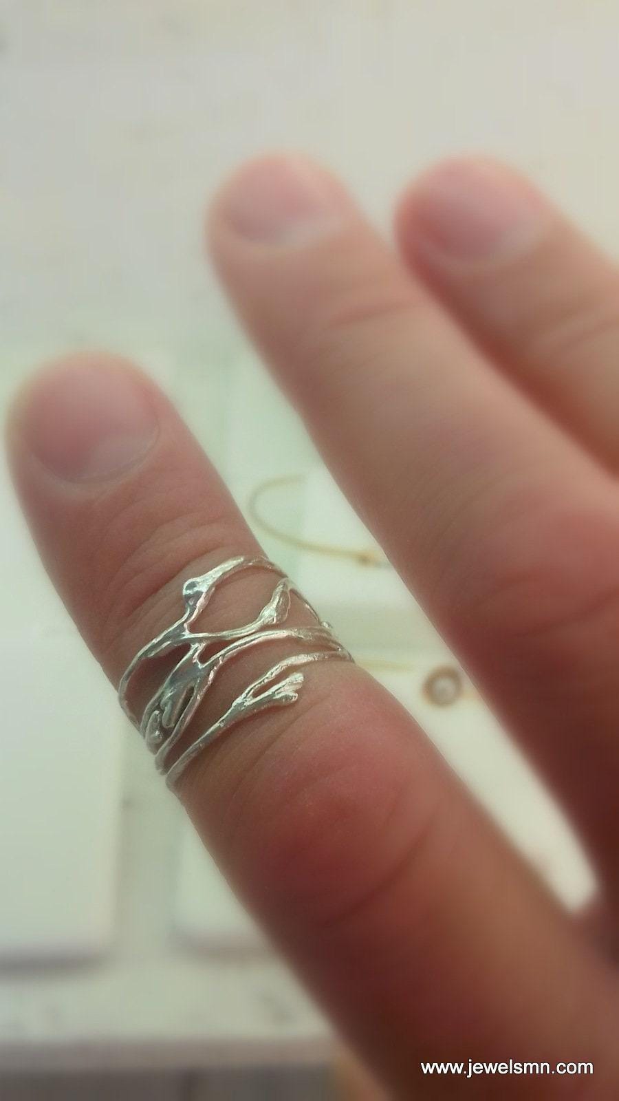 Gold-plated silver jasmine twig ring showcasing delicate botanical textures and organic branch details — view 2