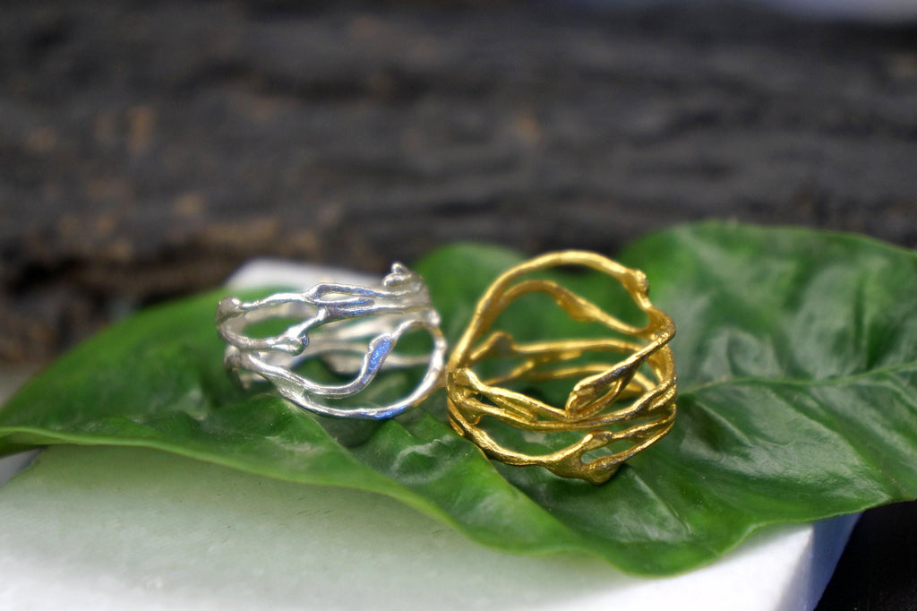 Gold-plated silver jasmine twig ring showcasing delicate botanical textures and organic branch details — view 4