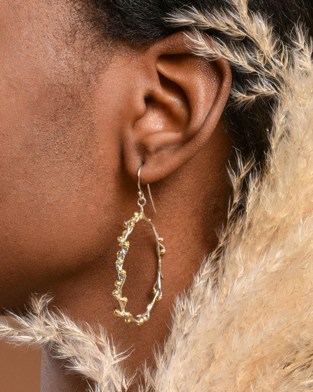 Vegan Gold Hoop Earrings, Acacia Leaf Detail (Eco-Friendly, 4cm).Recycled Brass-1