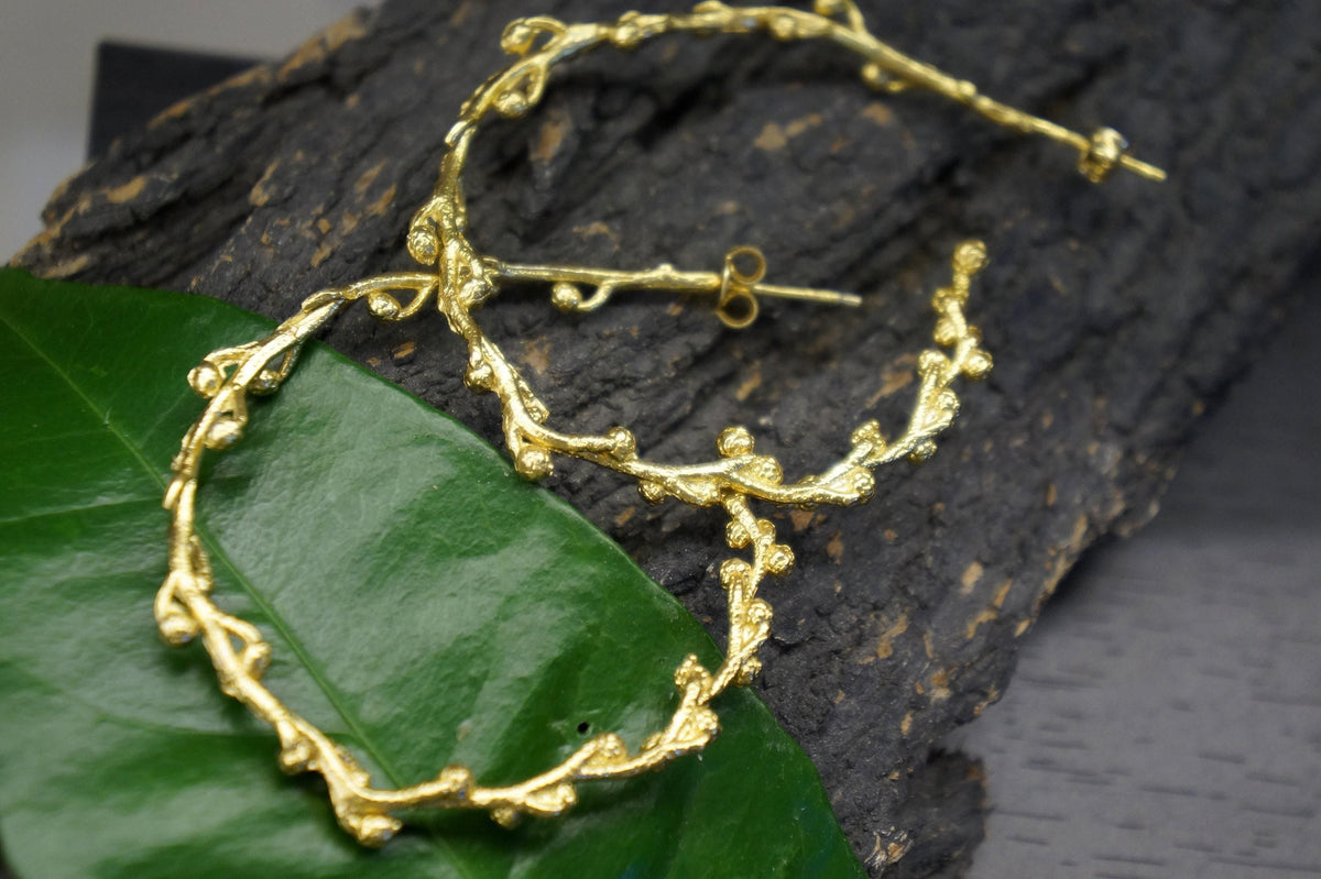 Vegan Gold Hoop Earrings, Acacia Leaf Detail (Eco-Friendly, 4cm).Recycled Brass-3