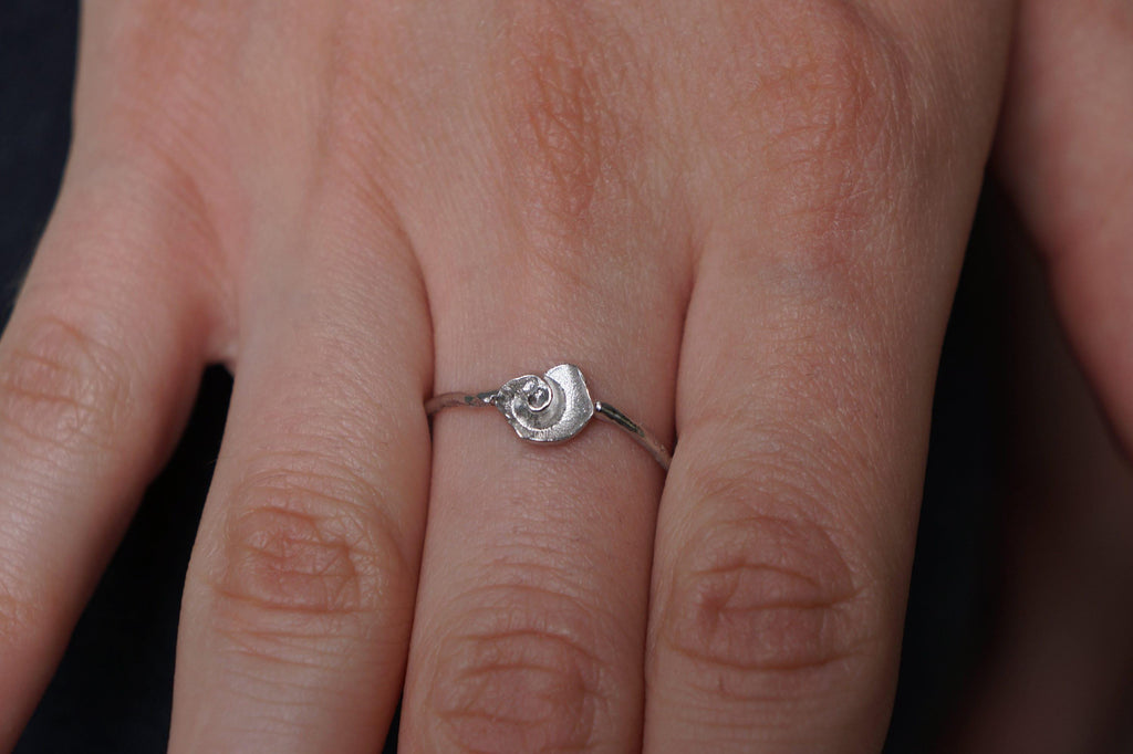 Minimalist sterling silver ring featuring an authentic embedded sea shell on a textured twig band