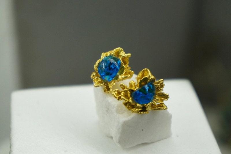 Real Daisy Flower Gold Earrings with Red Murano Glass, Handmade Nature Jewelry, Organic Nature Earrings, Unique Gift for Nature Lovers, 14K Gold Plated Sterling Silver 925-3