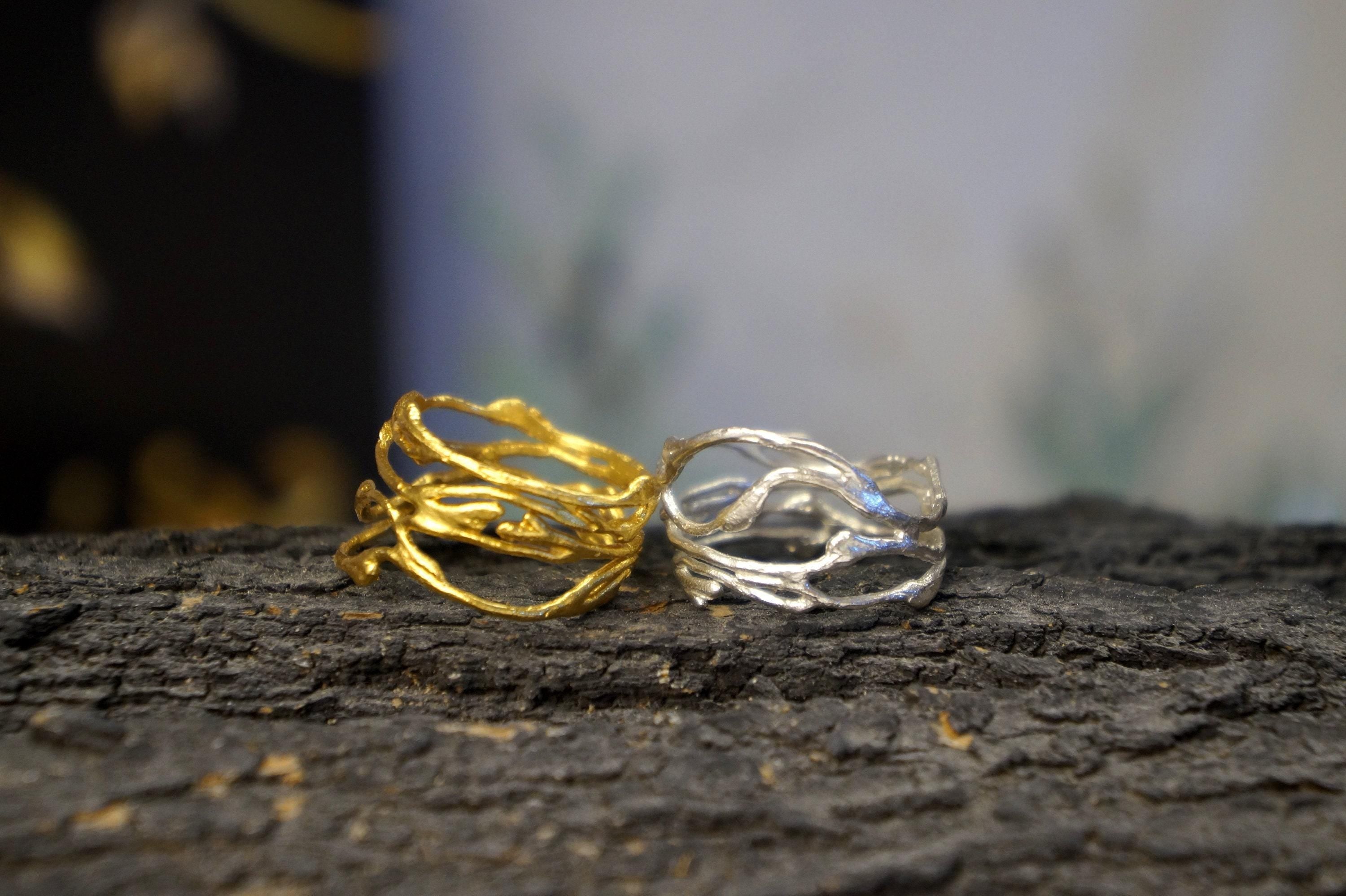 Gold-plated silver jasmine twig ring showcasing delicate botanical textures and organic branch details — view 3