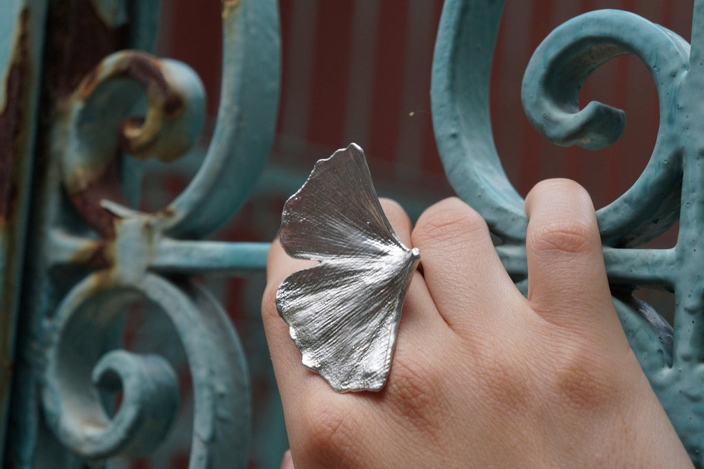 Real Ginkgo Biloba Leaf Ring, Handmade Statement Jewelry, Organic Boho Band, Gift for Health and Longevity, Sterling Silver 925-0